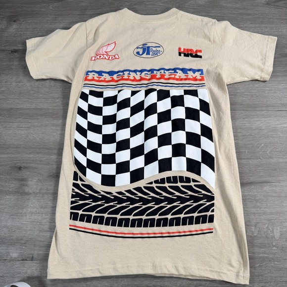 Honda Racing Team Shirt Mens Small Beige Slim Checkered Flag Motorsport